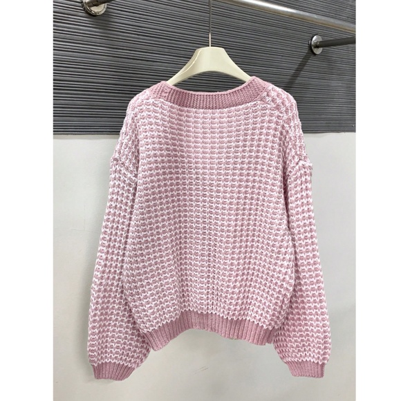 Pink White Button Down V-Neck Cardigan Long Sleeve - Picture 3 of 6